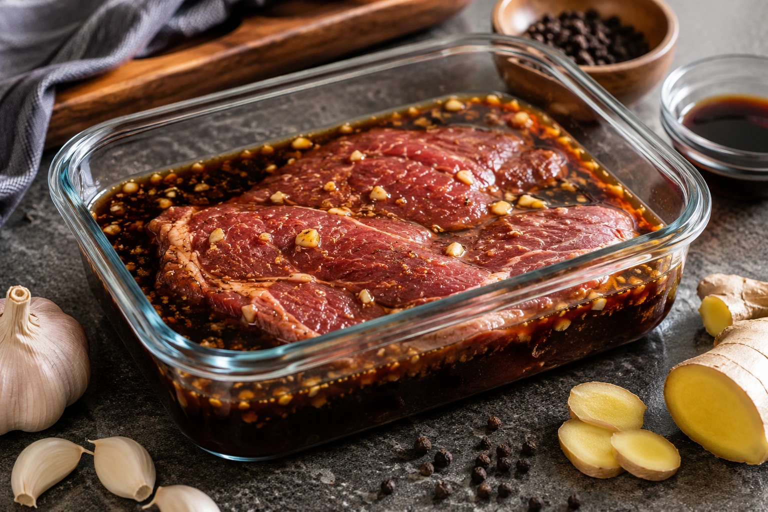 Daging sapi yang sedang direndam dalam marinade kecap dengan bawang putih cincang di wadah kaca, dikelilingi bawang putih utuh, jahe segar, dan lada hitam sebagai bahan marinasi steak