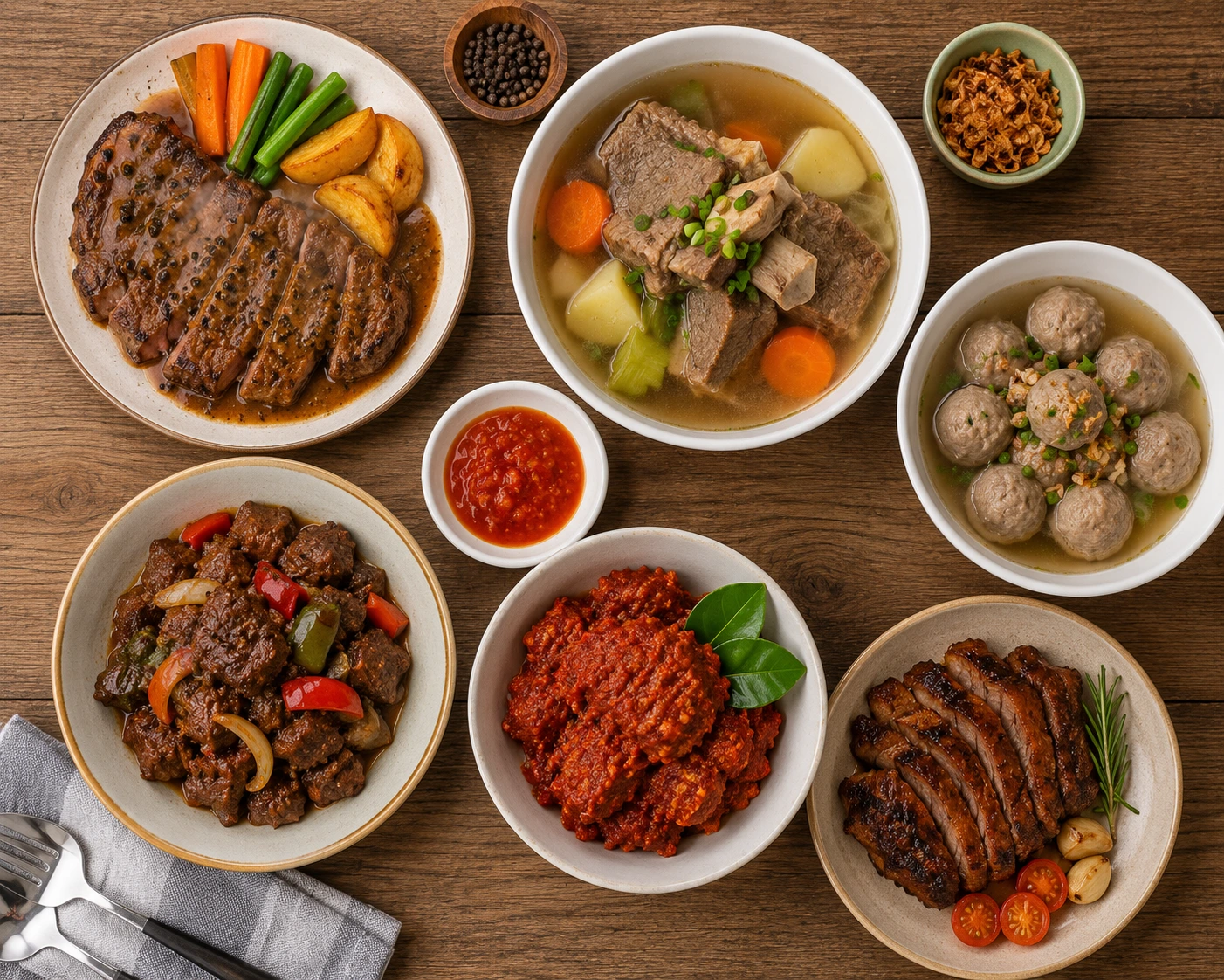 Tujuh macam olahan daging sapi disajikan dalam piring dan mangkuk berbeda, meliputi steak panggang, sop iga, bakso, daging cincang, dan daging bakar, di atas meja kayu