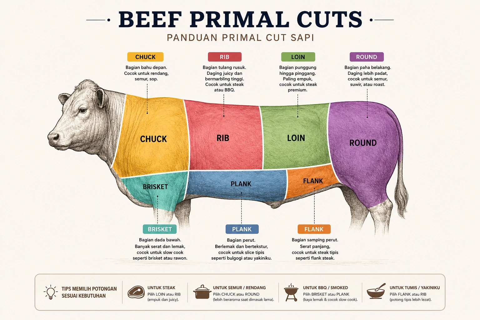 Diagram primal cut sapi menunjukkan jenis-jenis potongan daging sapi meliputi chuck, rib, loin, round, brisket, plank, dan flank lengkap dengan rekomendasi olahan masing-masing