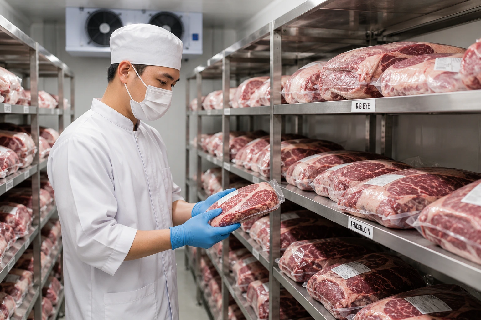 Petugas memeriksa kualitas daging ribeye dalam kemasan vakum di ruang penyimpanan berpendingin dengan rak berlabel rib eye dan tenderloin, menunjukkan standar cold chain supplier daging sapi premium