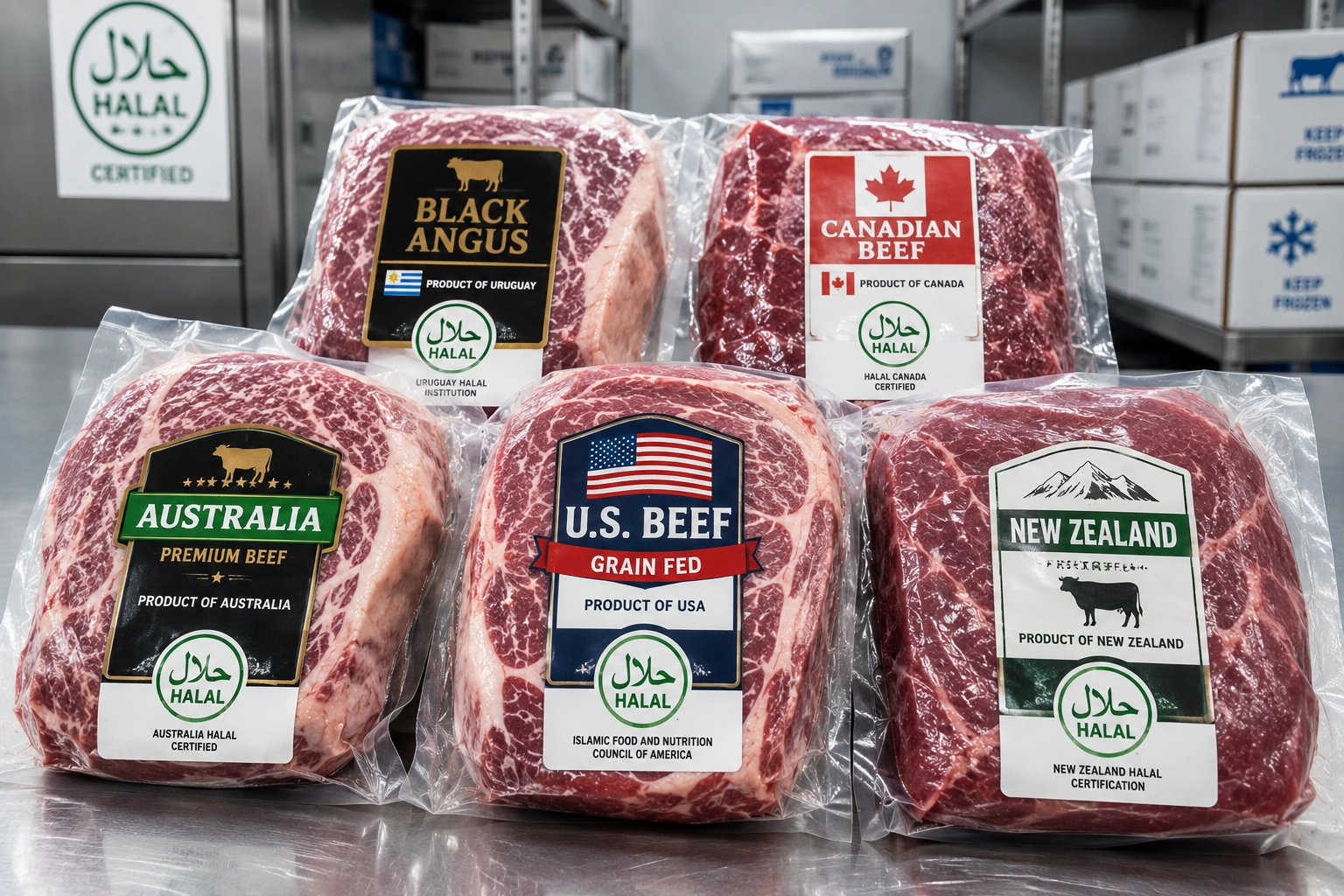 Kemasan daging sapi impor dari Australia, Amerika Serikat, Selandia Baru, Kanada, dan Uruguay dengan sertifikasi halal tersusun rapi di fasilitas penyimpanan berpendingin