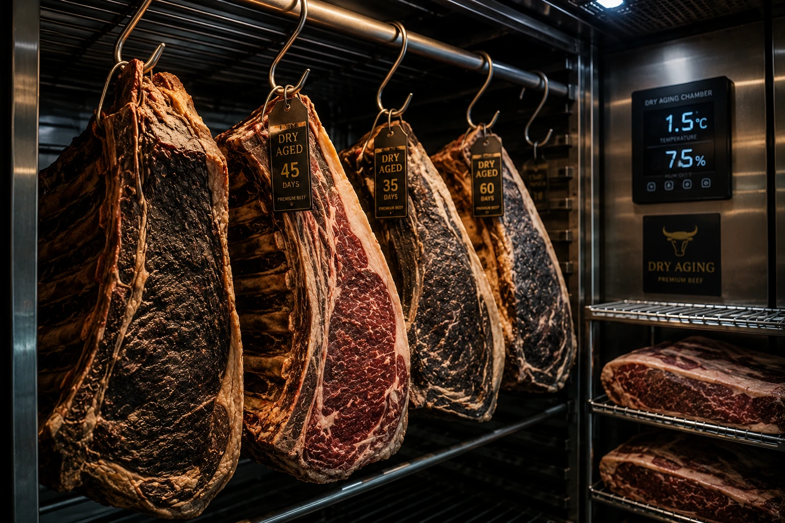 Potongan daging dry aged tergantung di dalam dry aging chamber dengan label durasi 45 dan 35 hari, dilengkapi display suhu 1.5 derajat Celcius dan kelembapan 75 persen