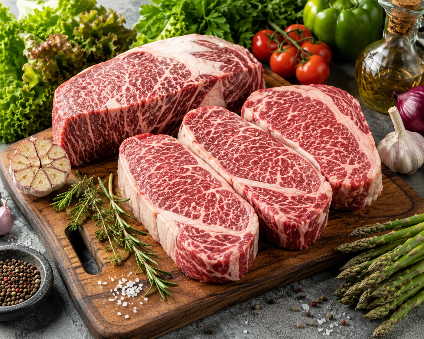 Beberapa potongan daging sapi premium dengan marbling tinggi dikelilingi sayuran segar seperti tomat, asparagus, dan rempah, merepresentasikan manfaat daging sapi untuk kesehatan dalam pola makan seimbang