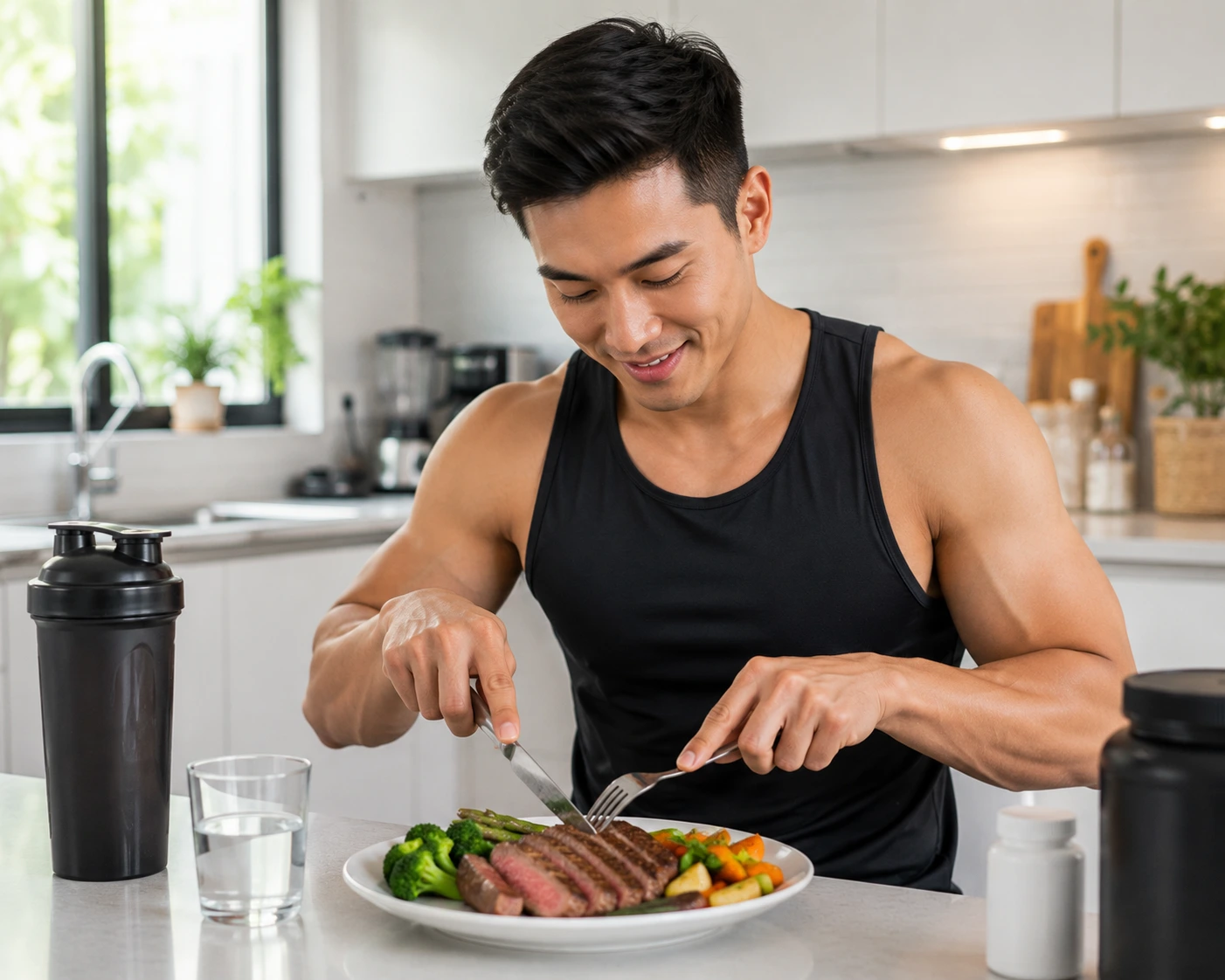Pria berotot menikmati steak medium rare dengan sayuran sebagai menu tinggi protein setelah berolahraga di dapur modern