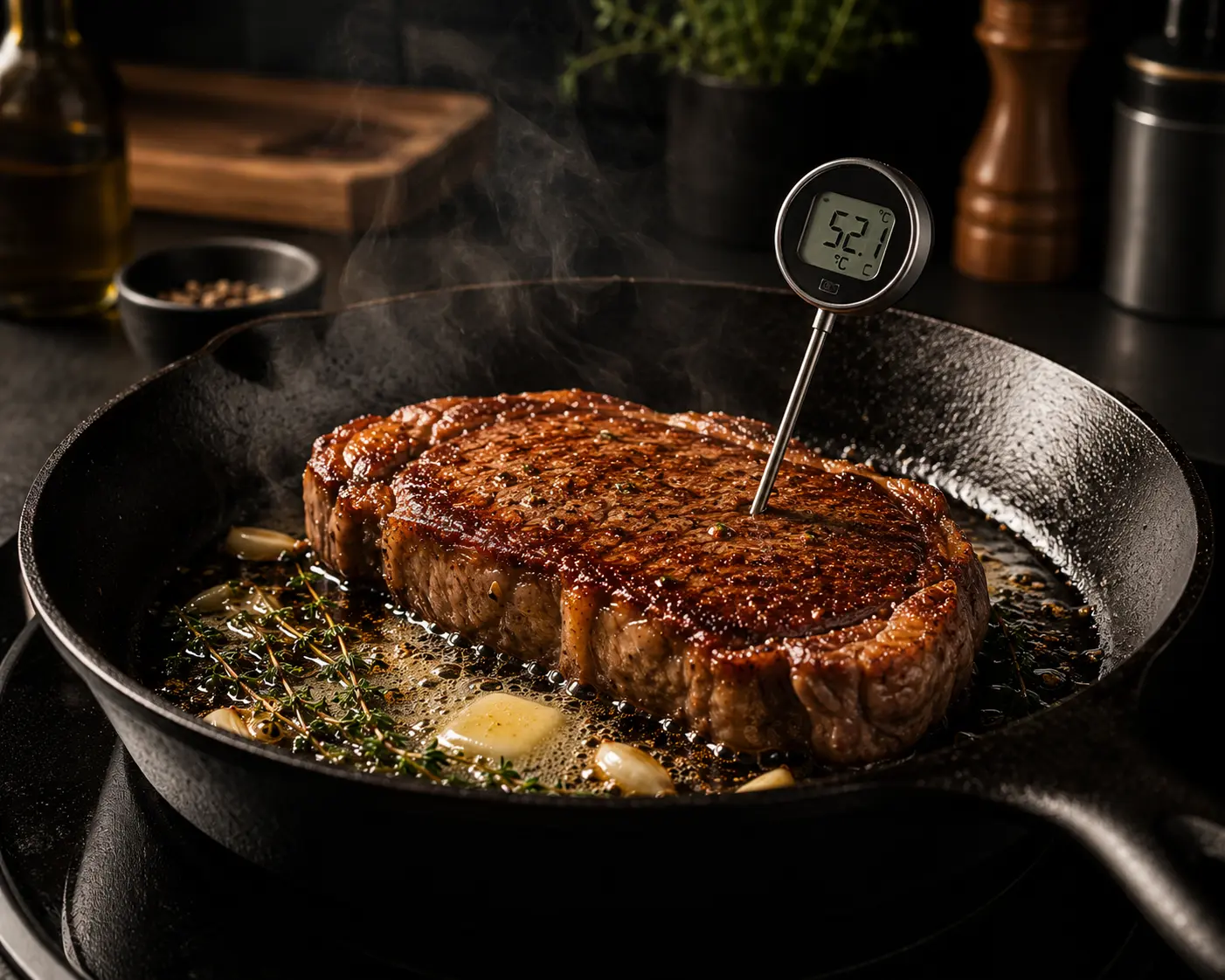 Steak yang sedang di-sear di cast iron skillet dengan termometer digital menunjukkan suhu 52.1 derajat Celcius untuk kematangan medium rare, dengan butter dan thyme di sekitarnya