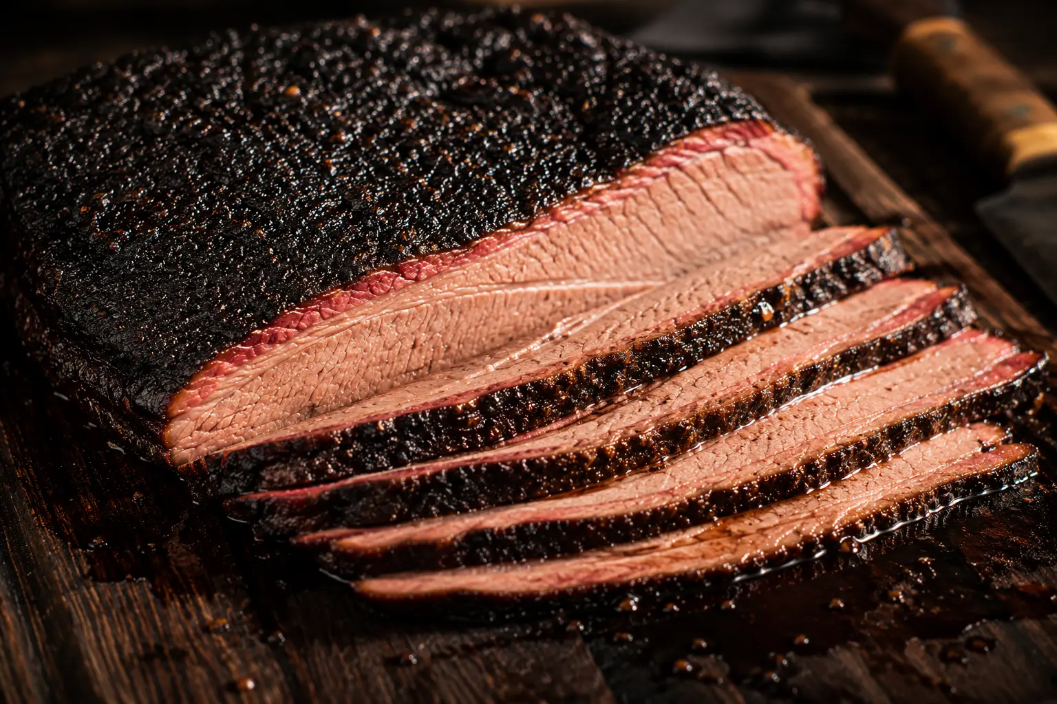 Smoked beef brisket gaya Texas yang baru diiris dengan bark hitam, smoke ring merah muda, dan daging yang juicy di atas talenan kayu