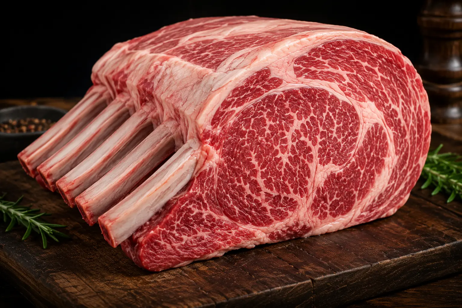 Standing rib roast mentah dengan marbling tinggi dan tulang rusuk yang telah dibersihkan di atas talenan kayu