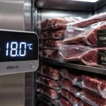 Termometer digital menunjukkan suhu -18°C di dalam freezer dengan kemasan vakum daging steak Tomahawk dan Ribeye.