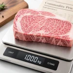Daging Ribeye Wagyu bermarbling tinggi di atas timbangan digital dengan berat 1.000 kg.