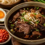 Semangkuk rawon daging sapi dengan kuah hitam pekat, potongan daging sengkel empuk, tauge, daun bawang, bawang goreng, telur asin, dan sambal.