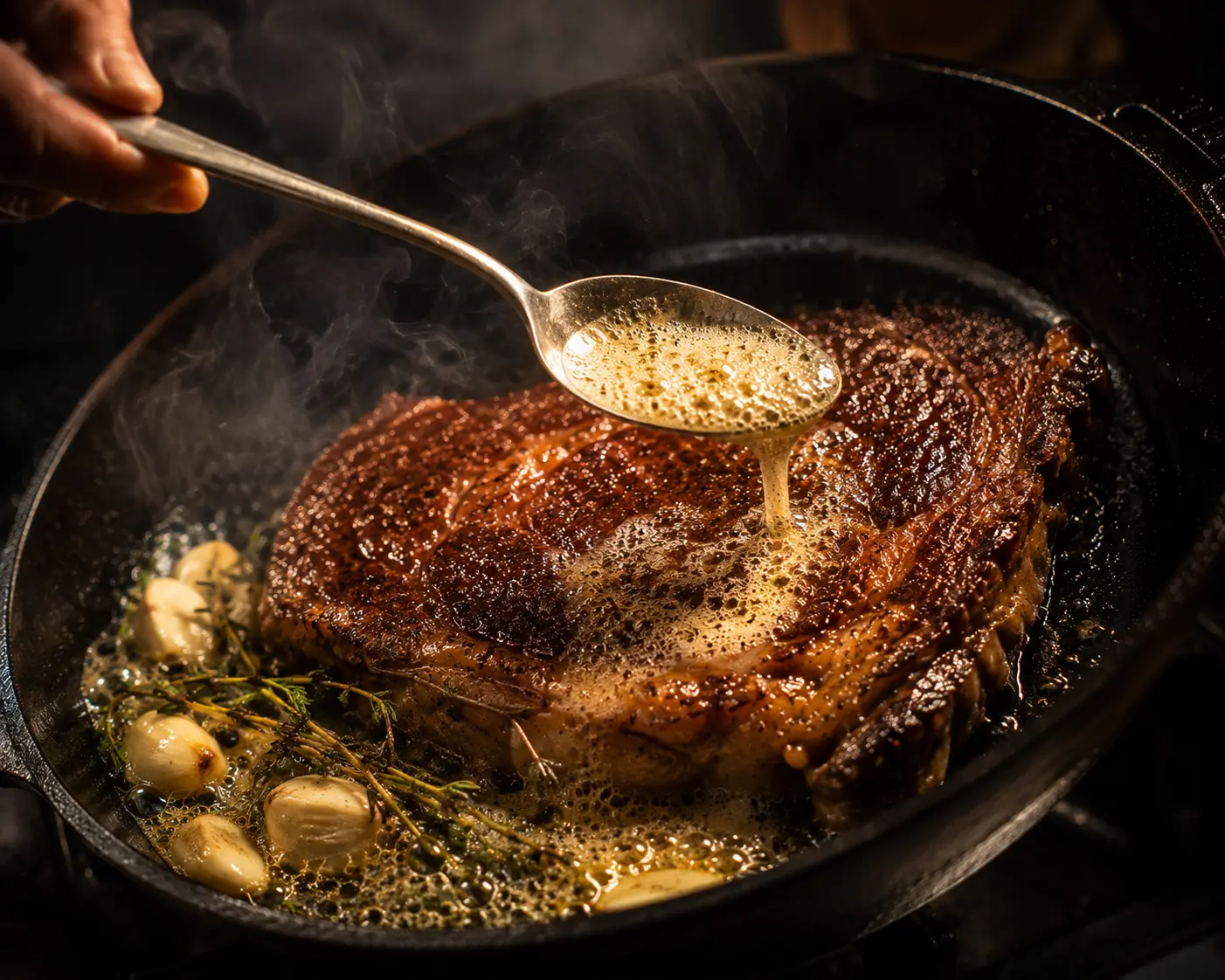 Tangan menyiram mentega berbuih ke atas steak ribeye di cast iron dengan bawang putih dan thyme saat proses butter basting.