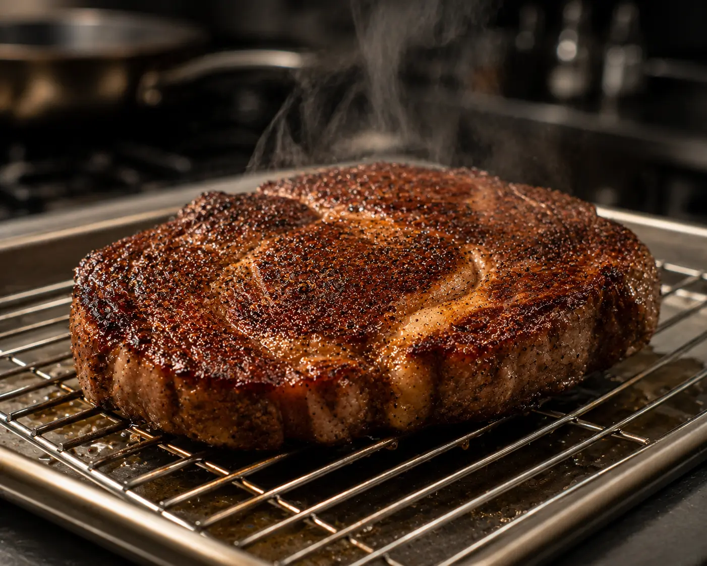 Steak yang baru dimasak diletakkan di atas rak kawat saat proses resting dengan uap tipis yang masih mengepul.