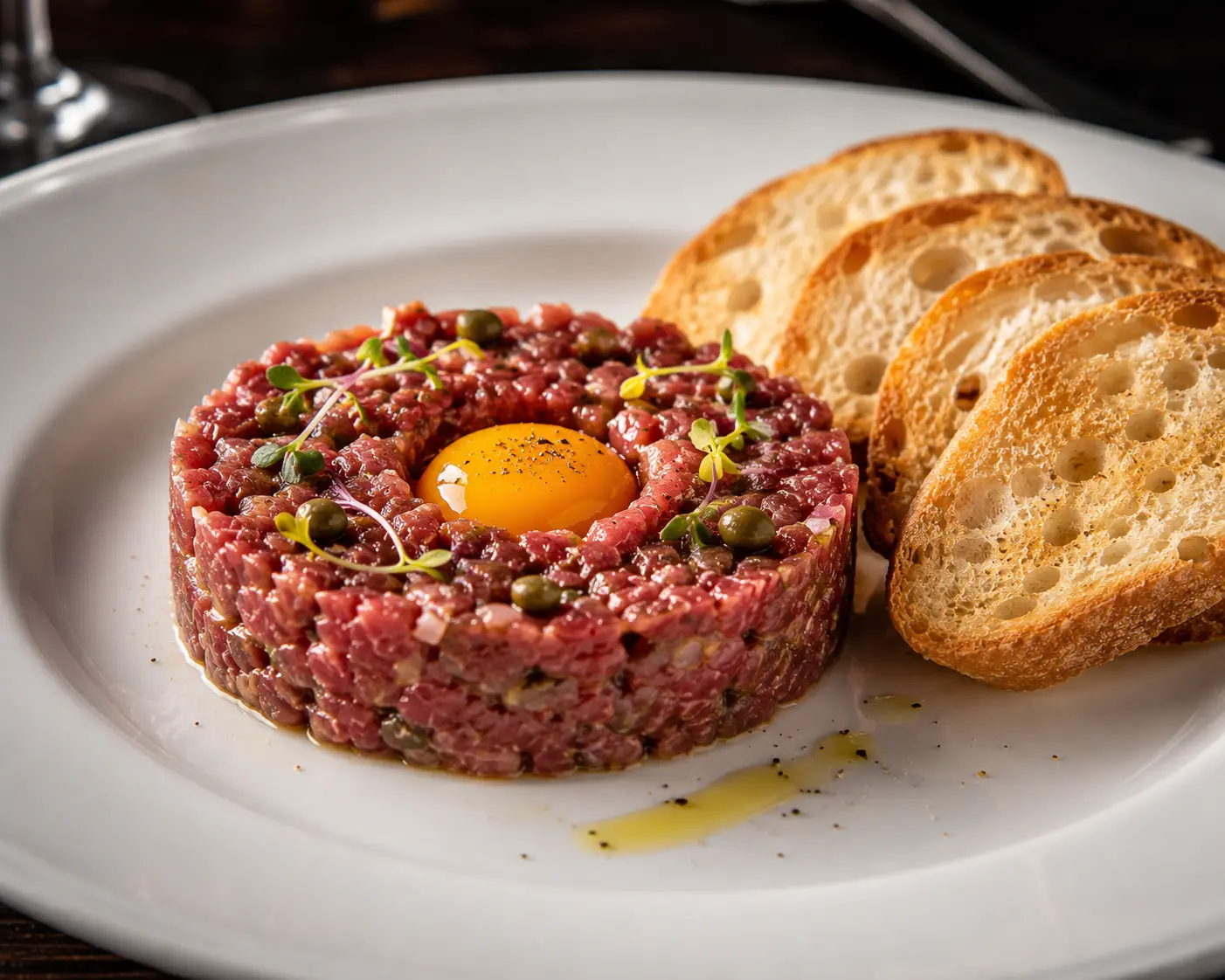 Steak tartare yang disajikan rapi dengan kuning telur, caper, microgreens, dan roti panggang di atas piring putih.