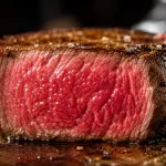 Potongan melintang tenderloin steak dengan kerak cokelat keemasan dan bagian tengah merah delima yang juicy.