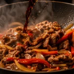 Irisan daging sapi tipis sedang ditumis dengan paprika merah, bawang bombay, dan saus kecap pekat di dalam wajan panas.