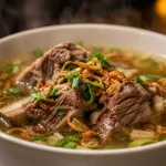 Semangkuk sup iga sapi berkuah bening dengan iga empuk, bawang goreng renyah, dan irisan seledri segar yang masih mengepulkan uap hangat.