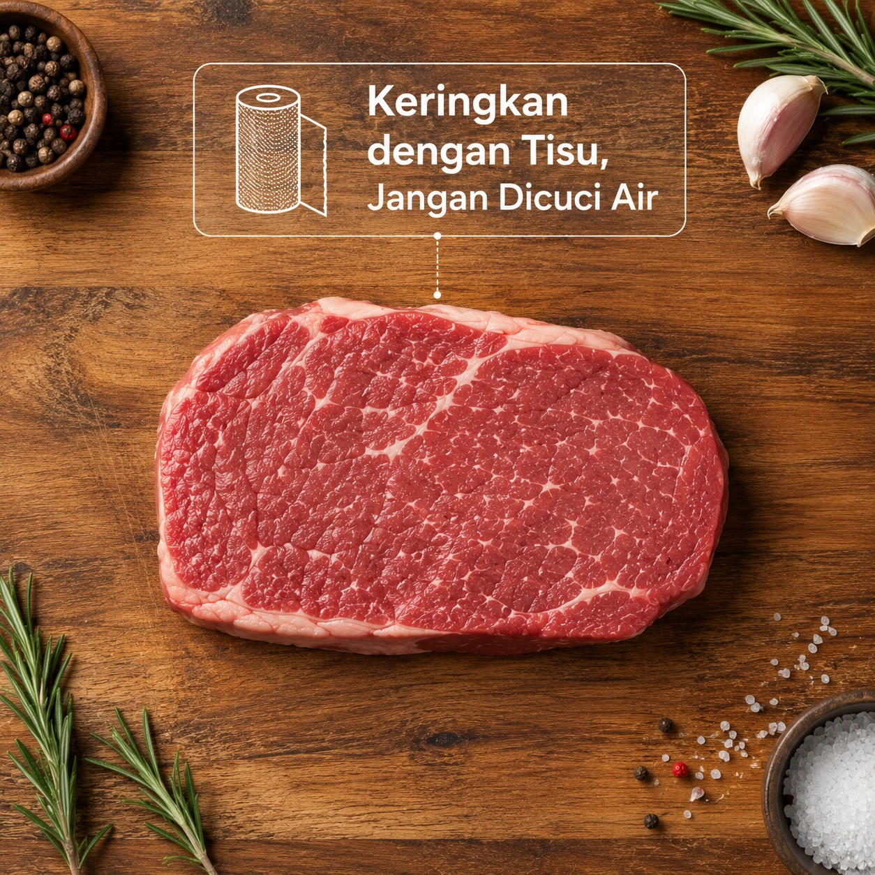 Potongan daging sapi mentah di atas talenan kayu dengan panduan mengeringkan menggunakan tisu sebelum dimasak