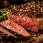 Close-up steak ribeye medium rare dengan kerak kecokelatan hasil searing dan bagian dalam berwarna merah muda yang juicy.