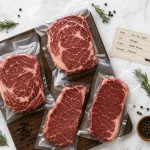 Beberapa potong steak ribeye dan sirloin dalam kemasan vacuum seal dengan label penyimpanan di atas talenan kayu