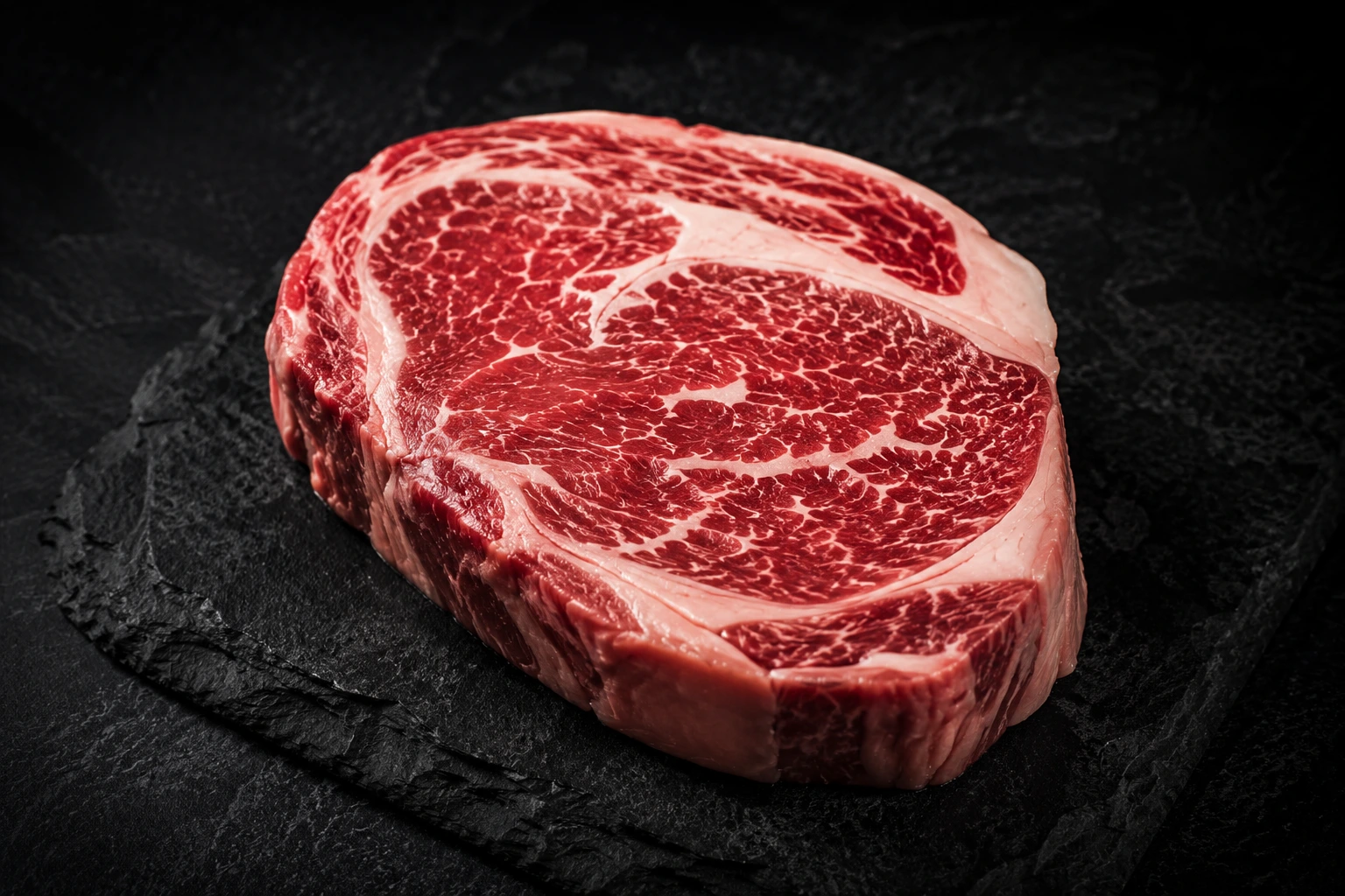 Potongan daging Black Angus Ribeye USDA Prime mentah dengan marbling tinggi di atas lempengan batu hitam.
