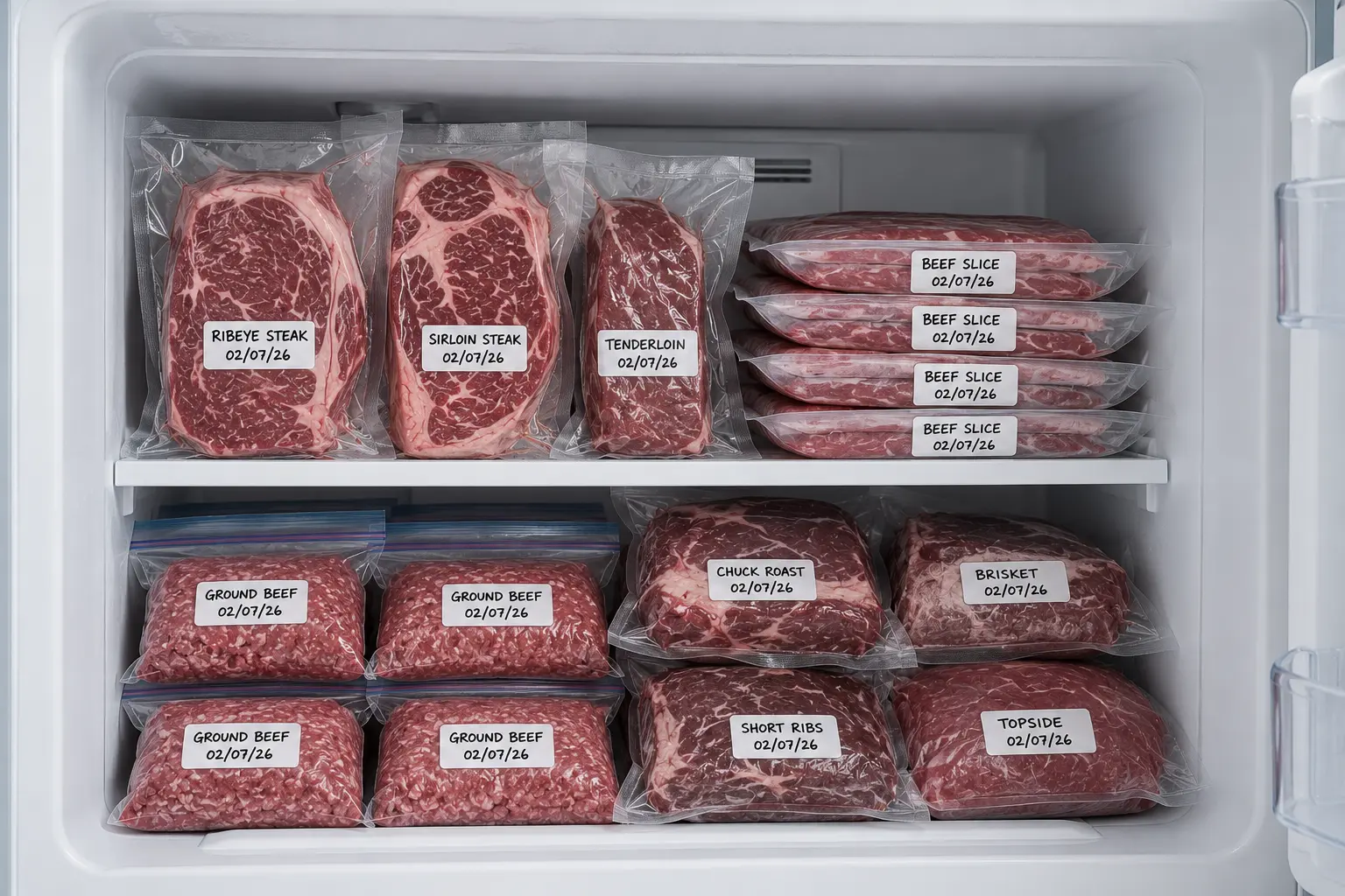 Berbagai potongan daging sapi dalam kemasan vacuum pack dan ziplock yang disimpan rapi di dalam freezer dengan label tanggal penyimpanan.