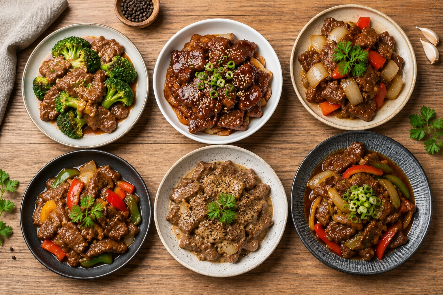 Flat lay tiga olahan daging sapi sederhana berupa tumis brokoli, beef teriyaki, dan daging lada hitam di atas meja kayu