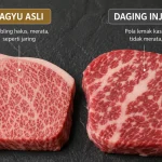 Perbandingan close-up marbling daging wagyu asli dan daging dengan pola lemak hasil injeksi yang menunjukkan perbedaan sebaran lemak