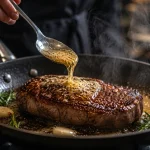 Proses butter basting pada steak sirloin dengan mentega cair di atas wajan untuk menghasilkan kerak kecokelatan dan daging yang juicy