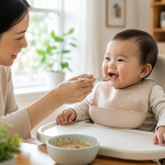 Ibu menyuapi bayi berusia sekitar delapan bulan dengan bubur MPASI daging sapi menggunakan sendok silikon di kursi makan bayi