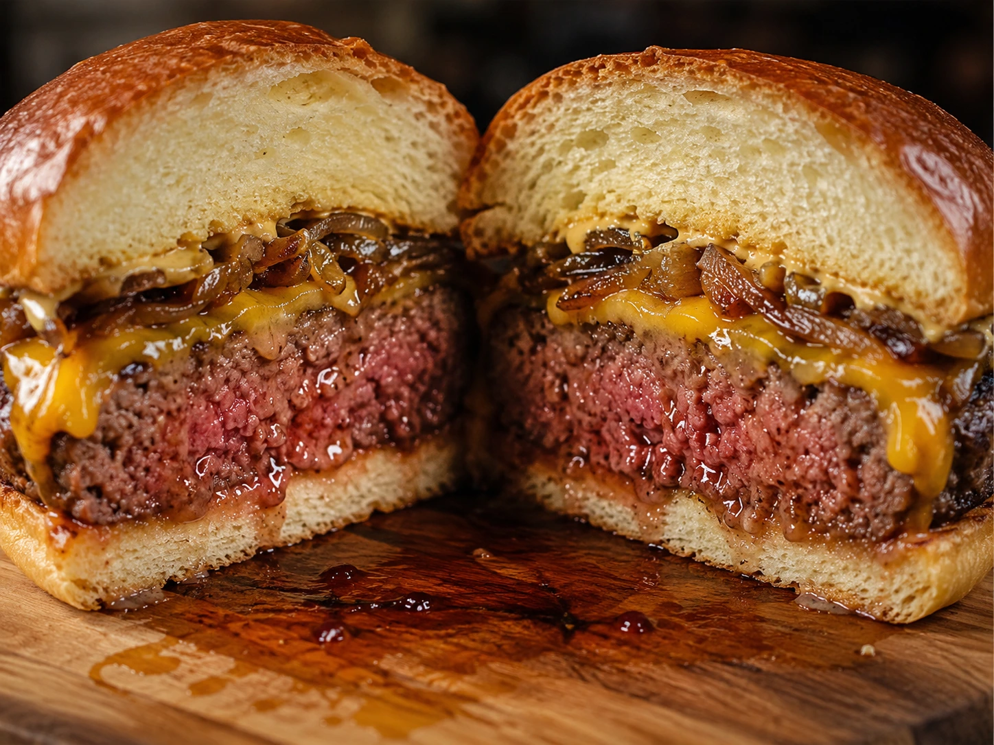 Close-up wagyu burger dibelah dua dengan patty wagyu juicy, lelehan keju cheddar, caramelized onion, dan brioche bun di atas talenan kayu.