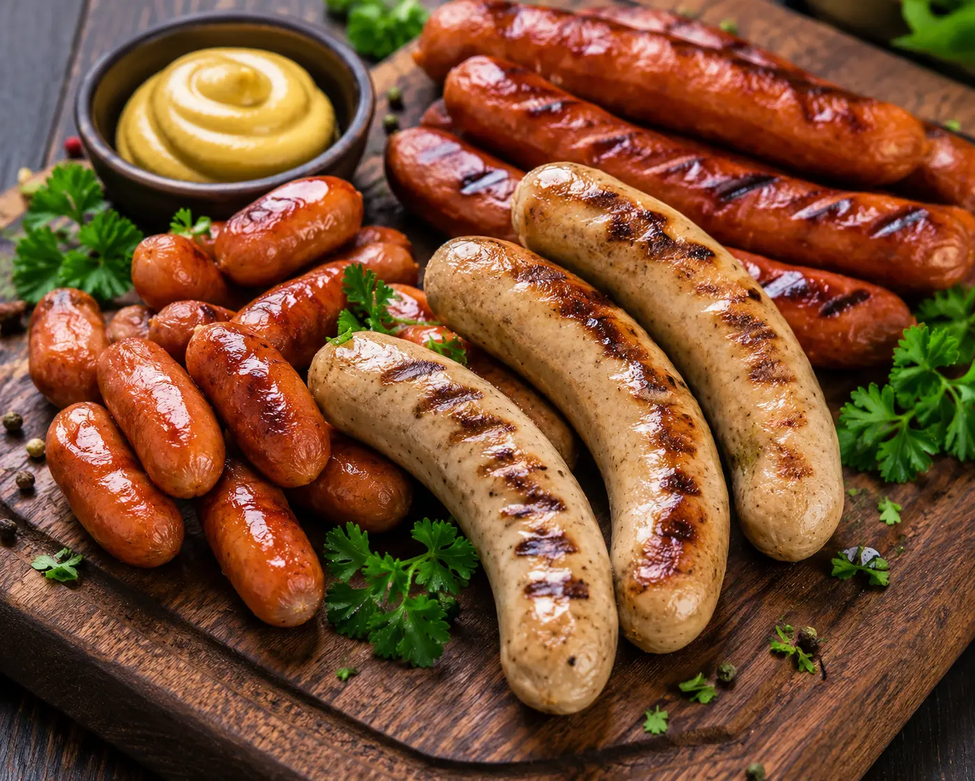 Beragam beef sausage panggang dengan guratan arang di atas talenan kayu, disajikan dengan mustard dan peterseli segar.