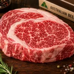 Potongan Australian ribeye mentah dengan marbling putih merata di seluruh daging merah segar di atas talenan kayu.