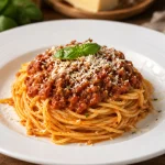 Spaghetti bolognese dengan saus daging merah, parmesan parut, dan daun basil di atas piring keramik putih