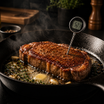 Interior restoran steak modern dengan sajian steak di meja kayu