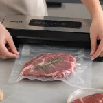 Proses vacuum sealing daging steak menggunakan mesin vacuum sealer di atas meja dapur bersih